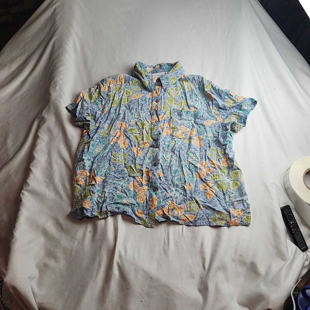 Alfred Dunner Button-Down Shirt Blue Paisley Short Sleeve Women's Size 18